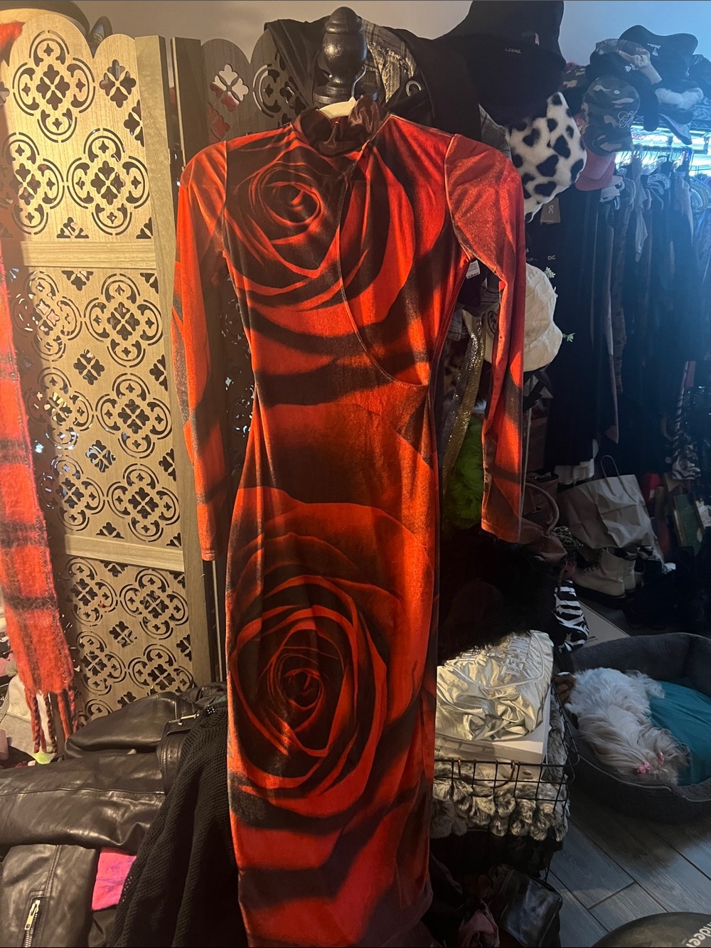Free People Red and Black Rose Print Long Sleeve Maxi Dress